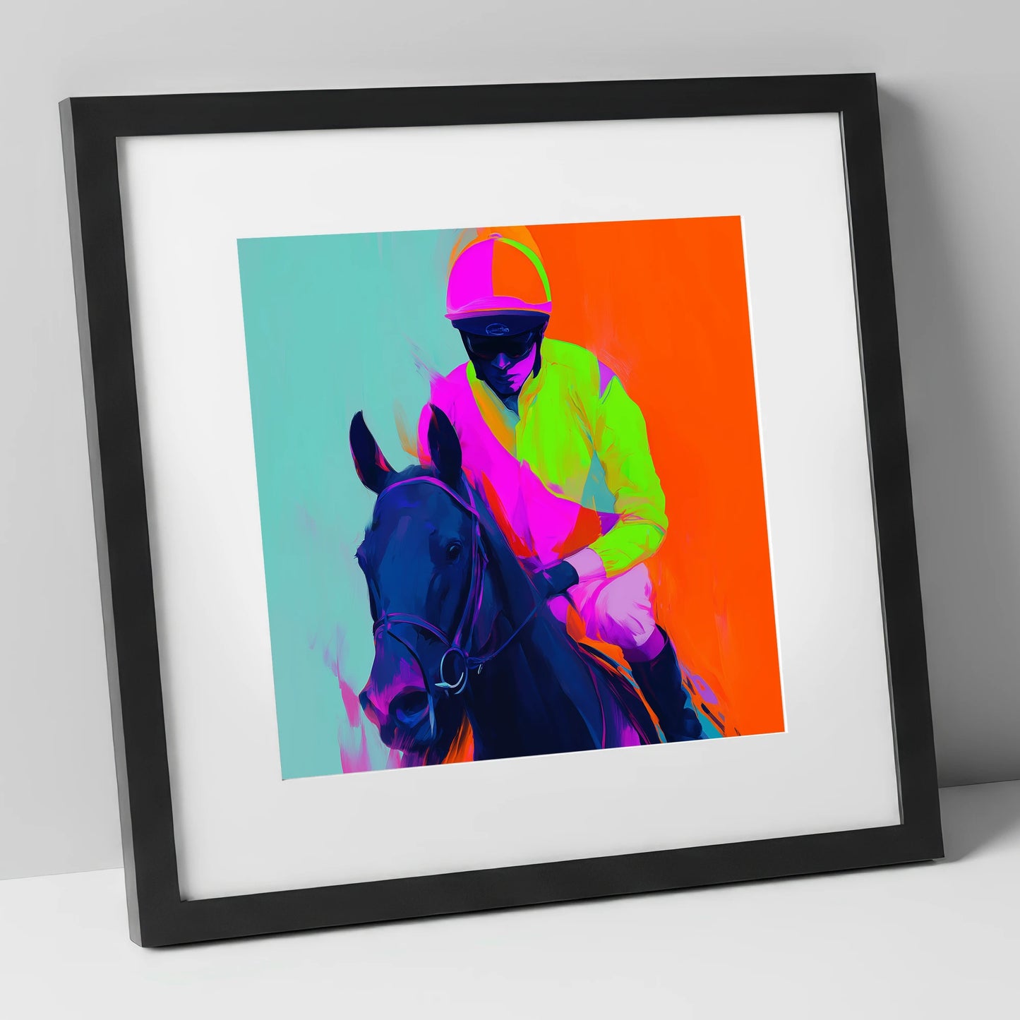Electric Pace racing horse art print in black frame