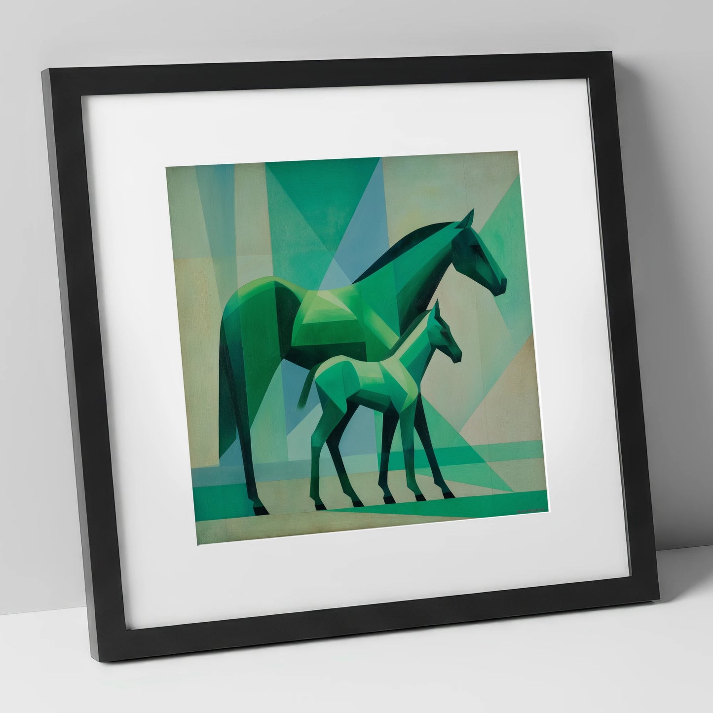 Facets in Emerald mare & foal art print in black frame