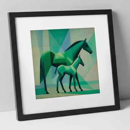 Facets in Emerald mare & foal art print in black frame