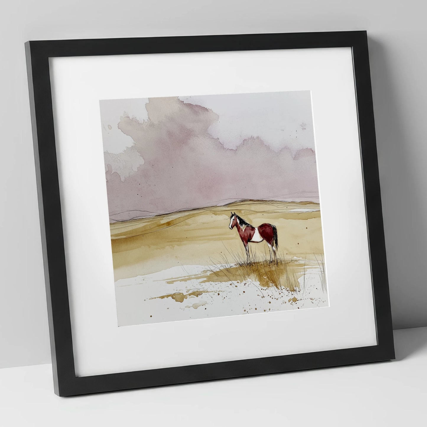 Ochre Horizons horse landscape art print in black frame