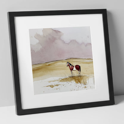 Ochre Horizons horse landscape art print in black frame