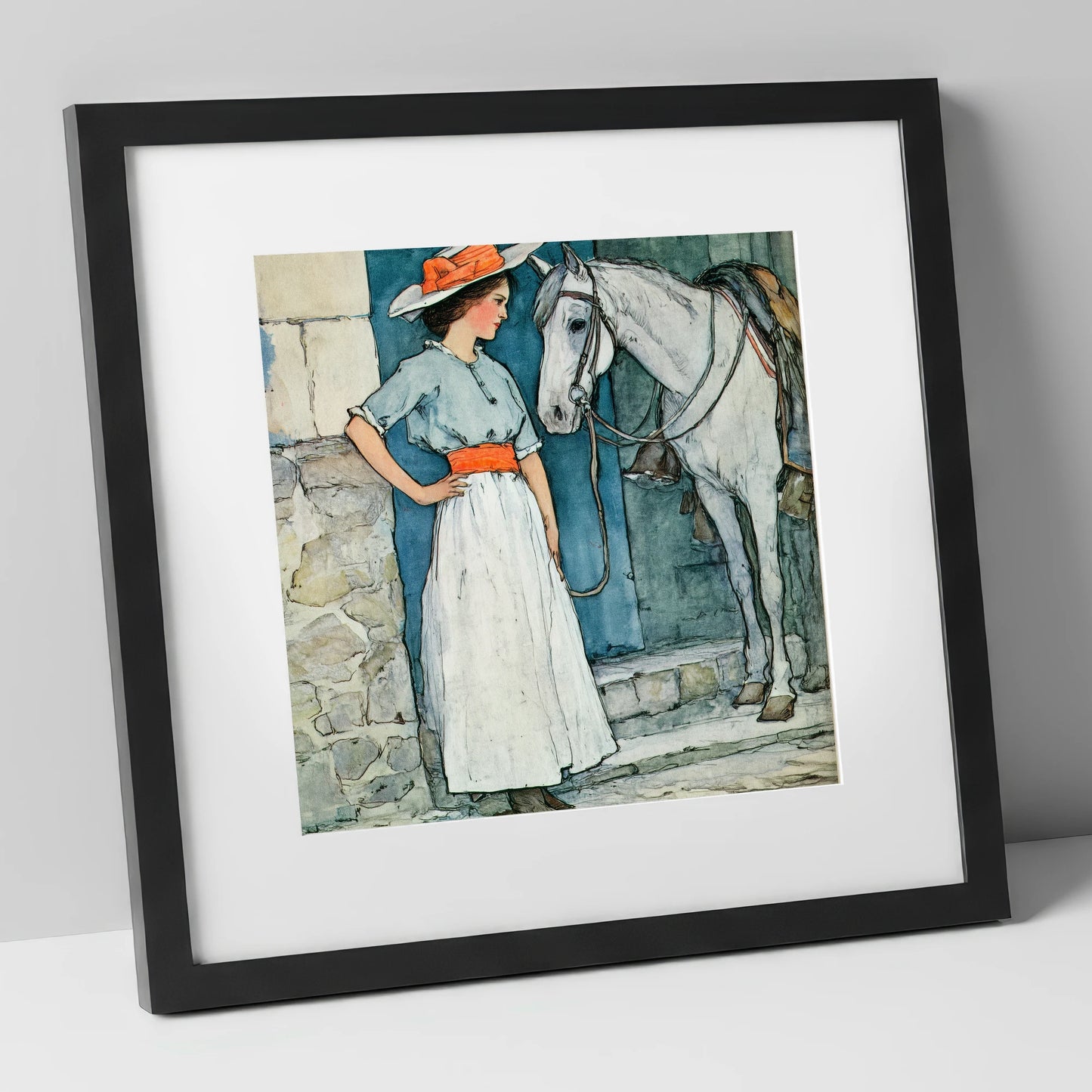 A Patient Companion horse & rider art print in black frame