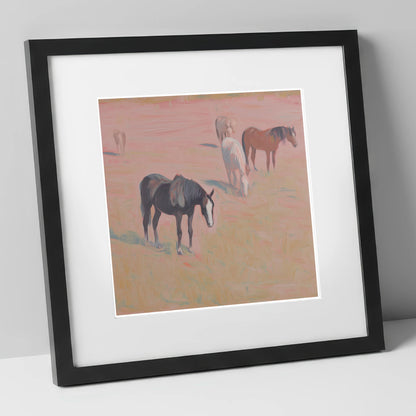 Dusky Rosa Pastures wild horses art print in black frame