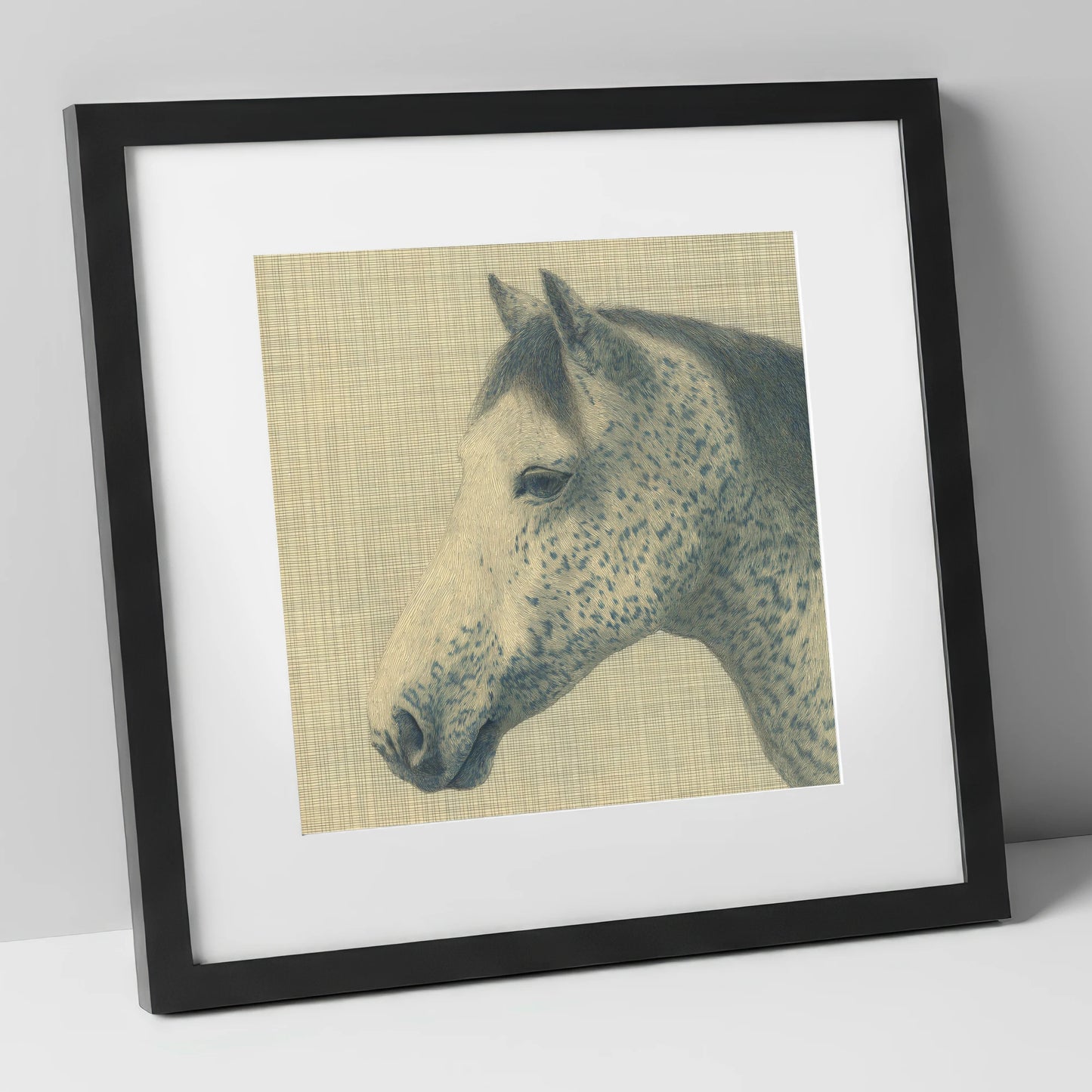 Meticulous Speckled Grey horse breed art print in black frame