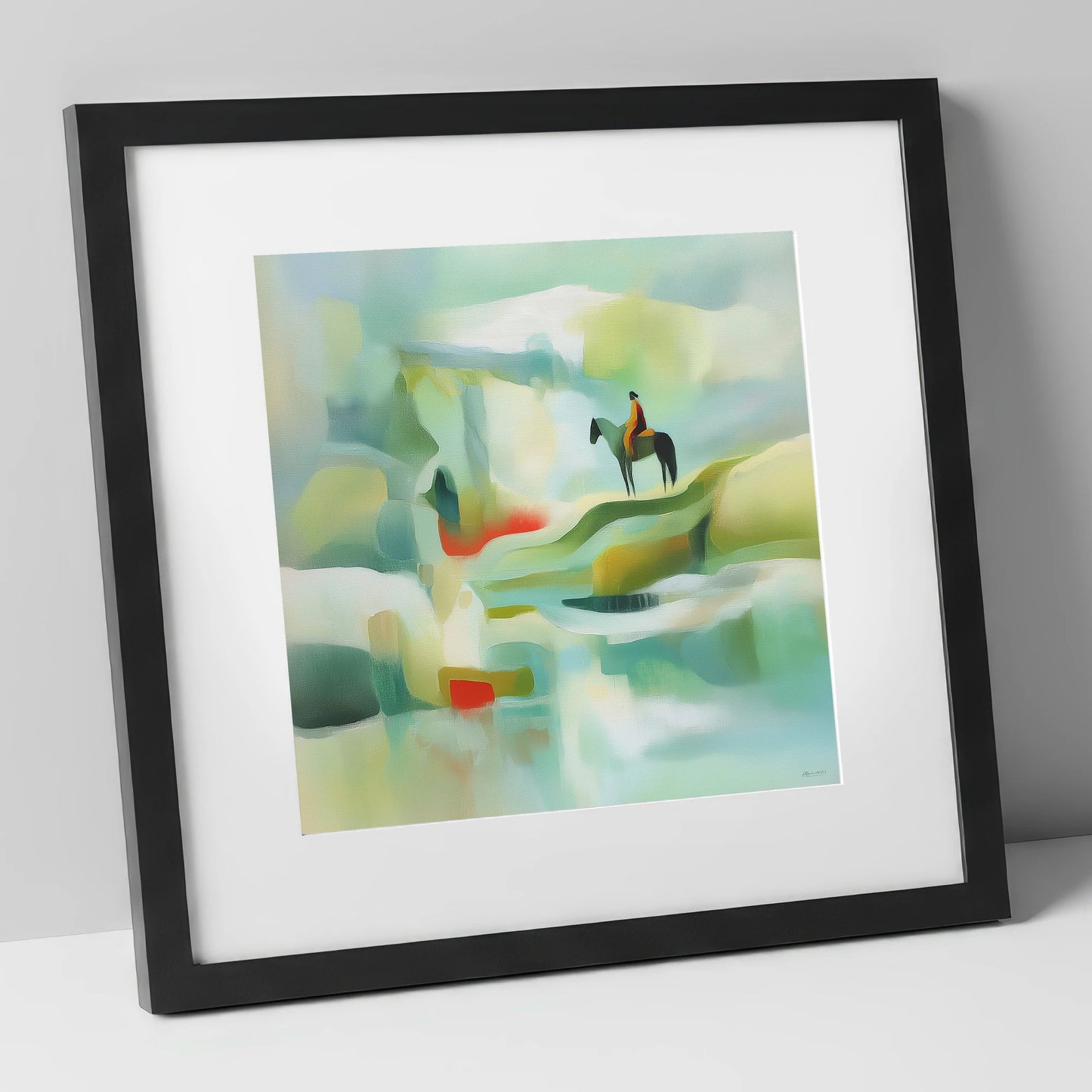 Serene Coastal Vantage beach horse art print in black frame