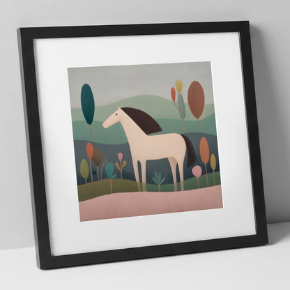 Tranquil Meadow Grey horse breed art print in black frame