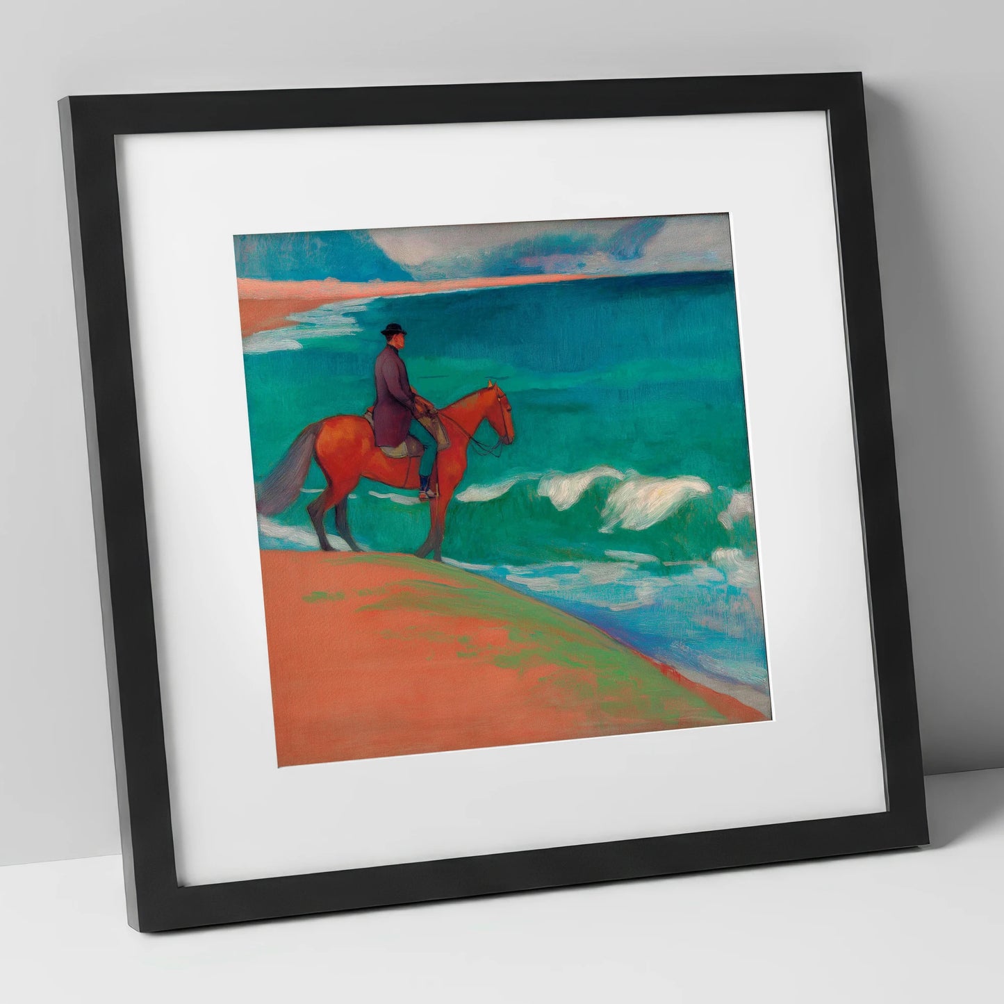 Chestnut By The Emerald Shore horse landscape art print in black frame