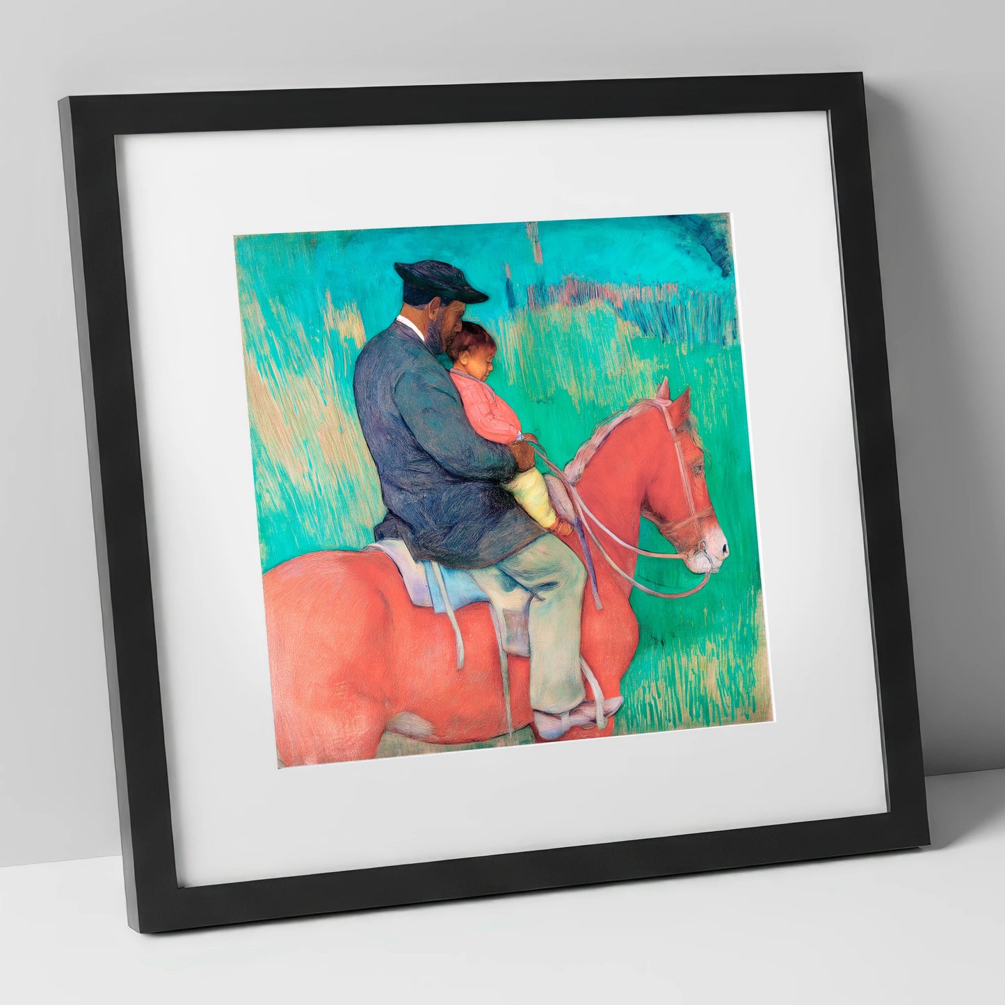 The Shared Ride horse & rider art print in black frame