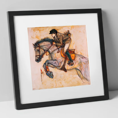 Suspended Momentum show jumping horse art print in black frame