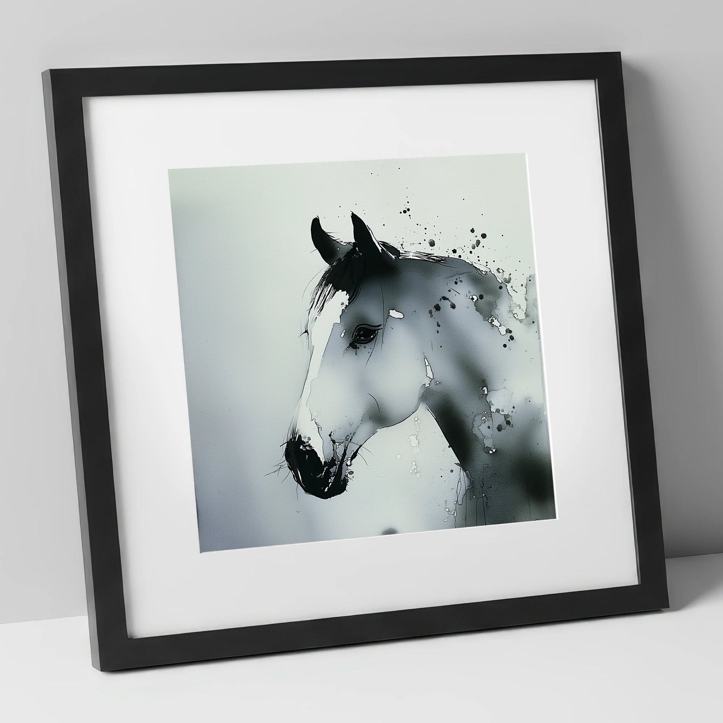 Atmospheric Grey Profile horse portrait art print in black frame