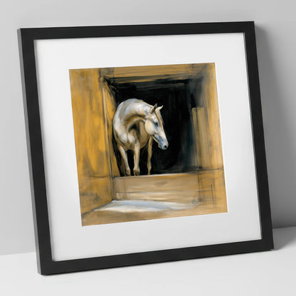 Quiet Anticipation horse stable art print in black frame
