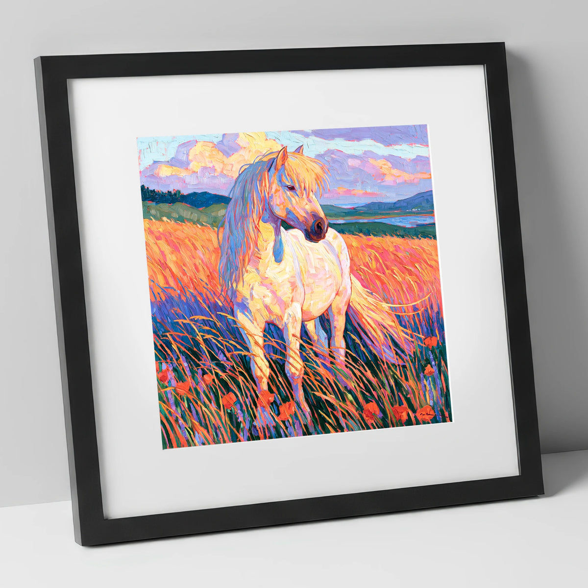 Palomino Pony In Vibrant Meadow horse breed art print in black frame