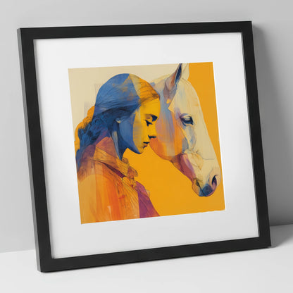 Amber Embrace horse & rider art print in black frame
