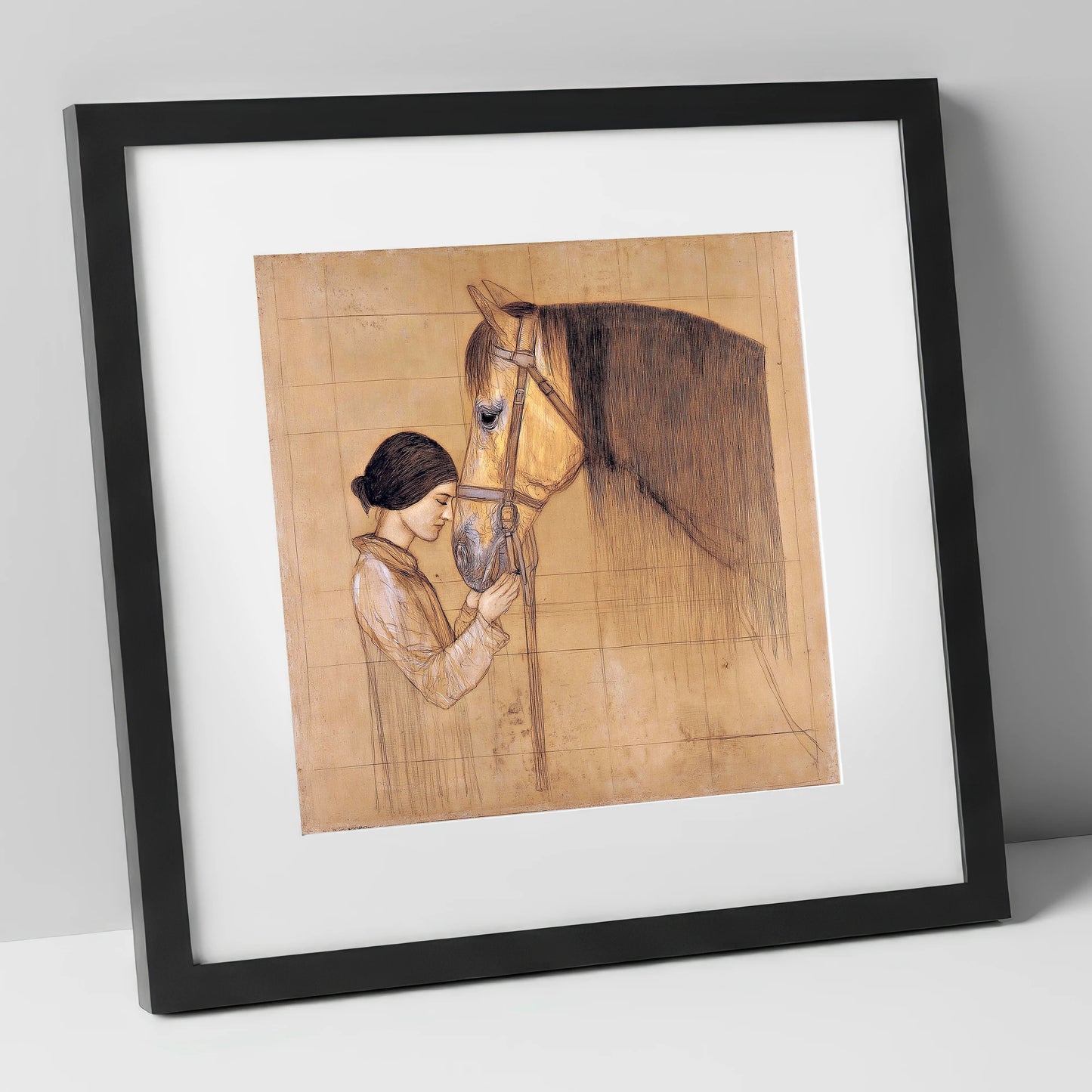 The Silent Bond horse & rider art print in black frame