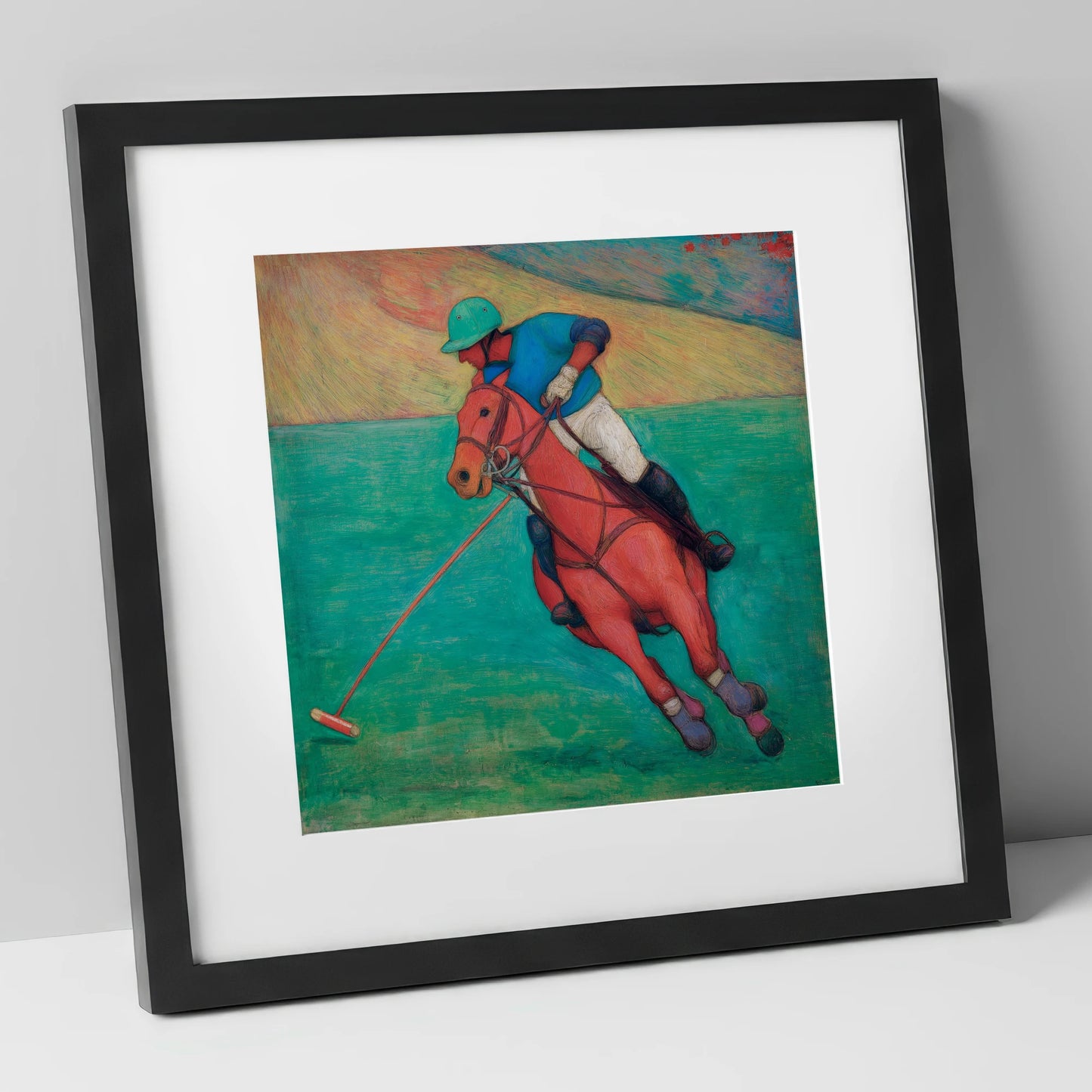 The Crimson Chukka polo horse art print in black frame