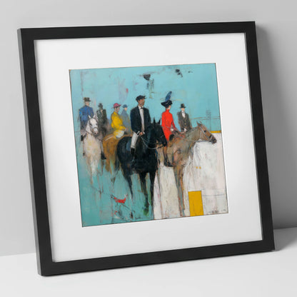 The Paddock Parade racing horse art print in black frame