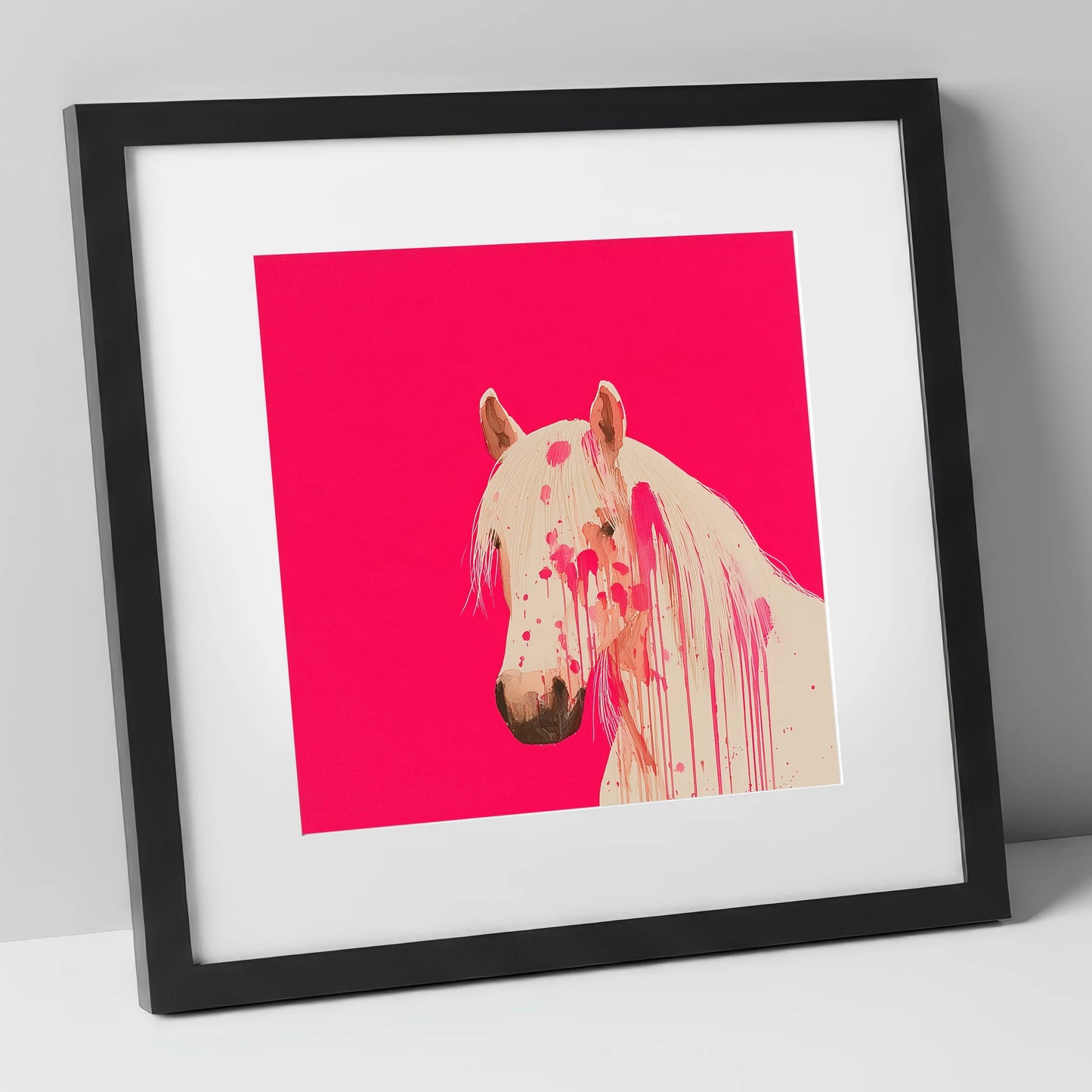 Modern Magenta Equine horse portrait art print in black frame
