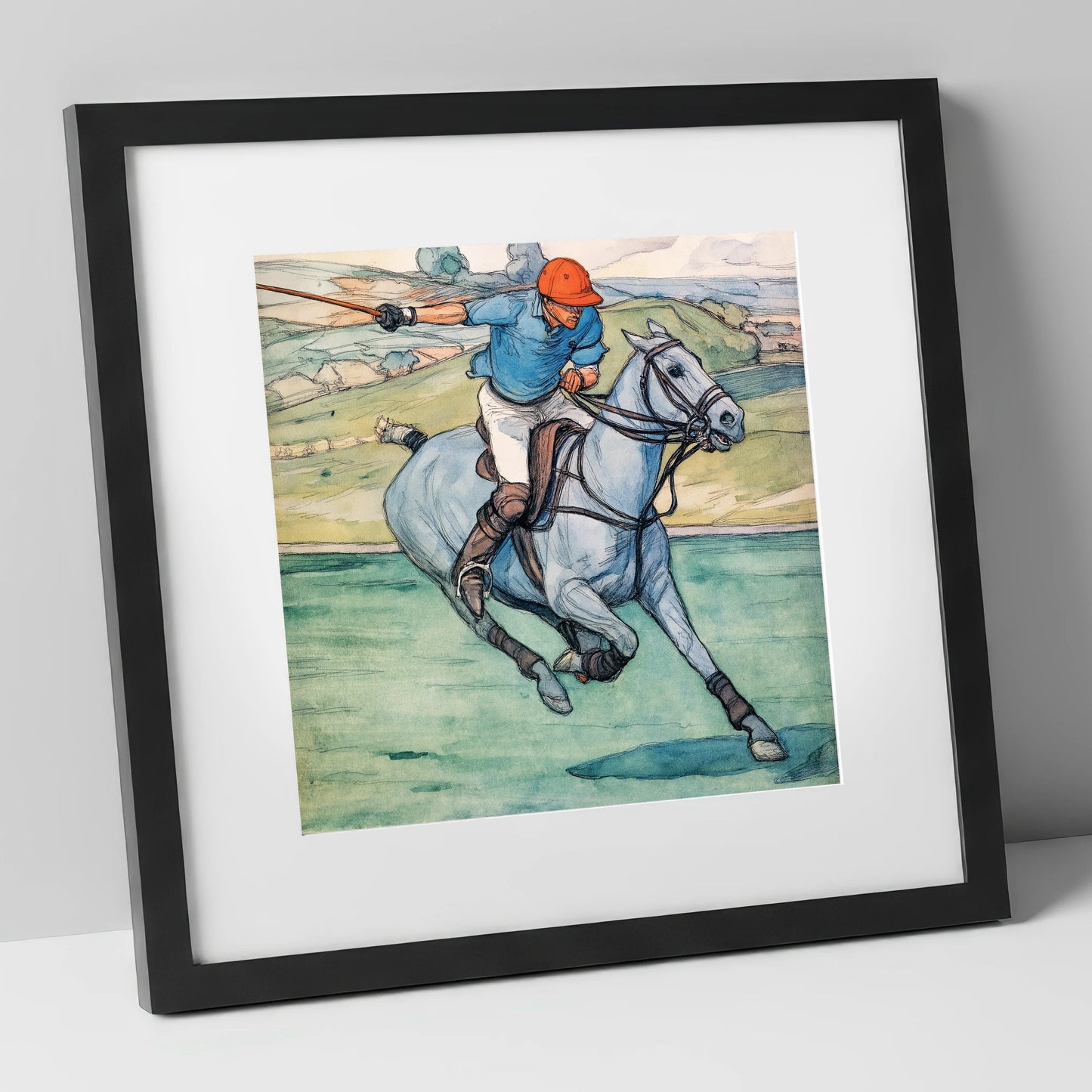 The Nearside Shot polo horse art print in black frame