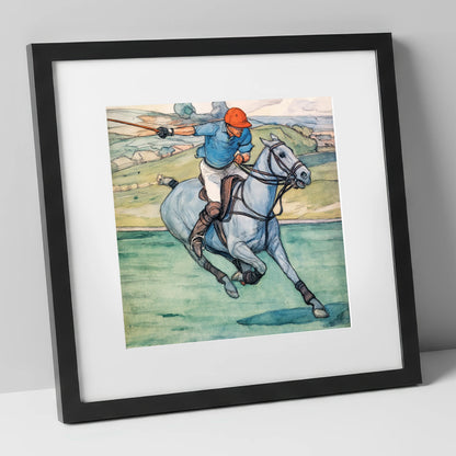 The Nearside Shot polo horse art print in black frame