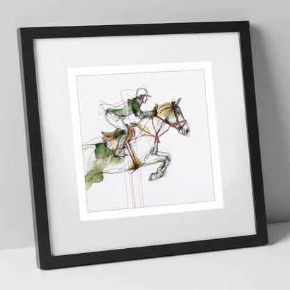 Dynamic Flight show jumping horse art print in black frame