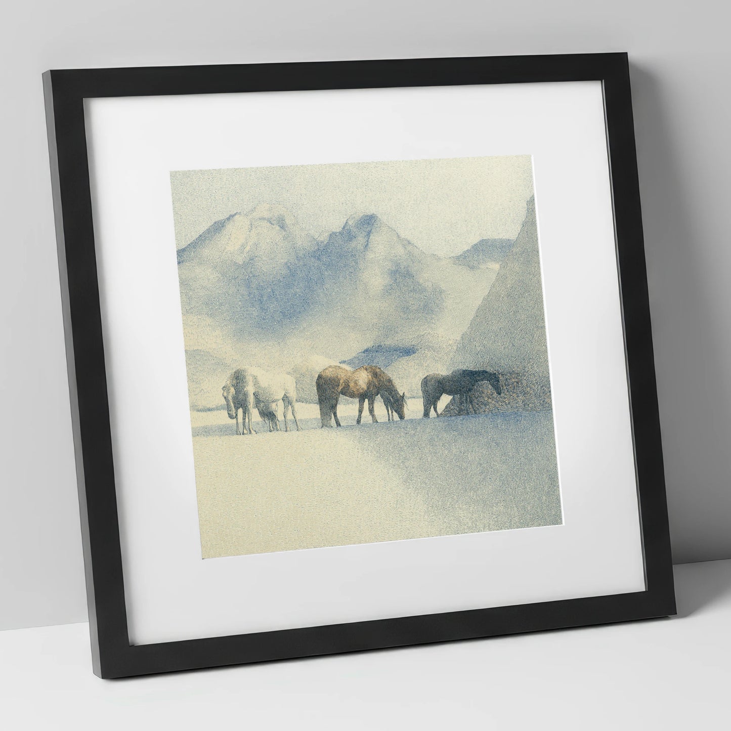 Tranquil Mountain Pasture horse landscape art print in black frame