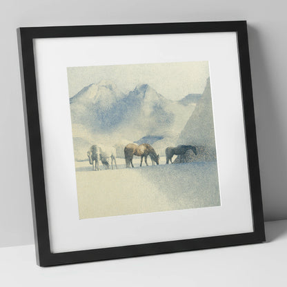 Tranquil Mountain Pasture horse landscape art print in black frame