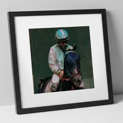 Pre-Race Focus racing horse art print in black frame