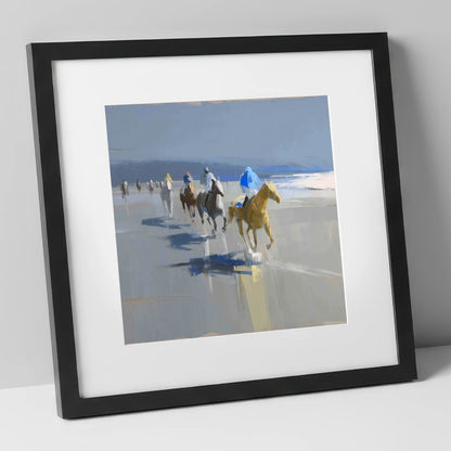 Coastal Morning String racing horse art print in black frame