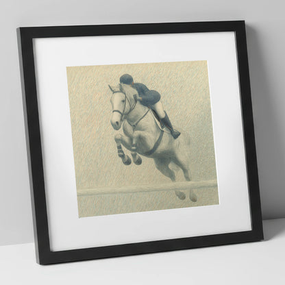 Elegance in Flight show jumping horse art print in black frame