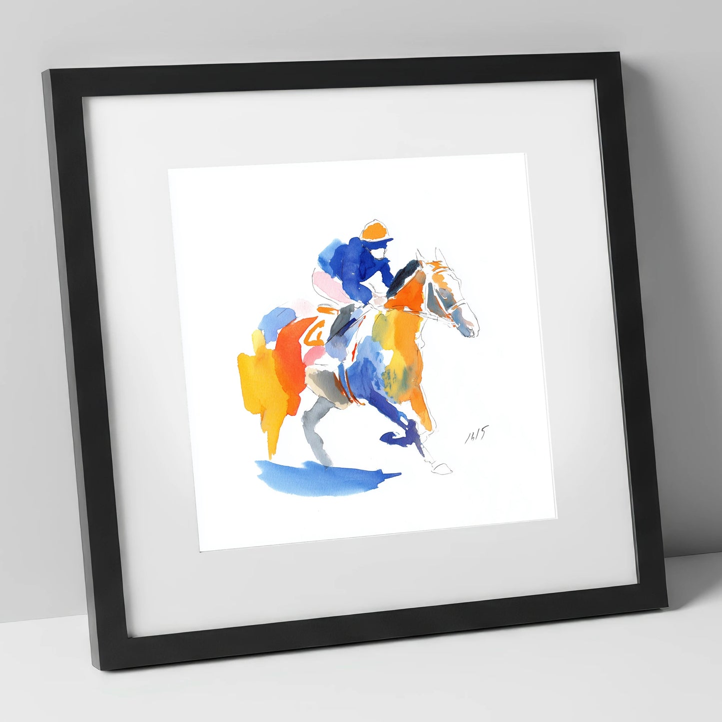 The Colourful Chase racing horse art print in black frame
