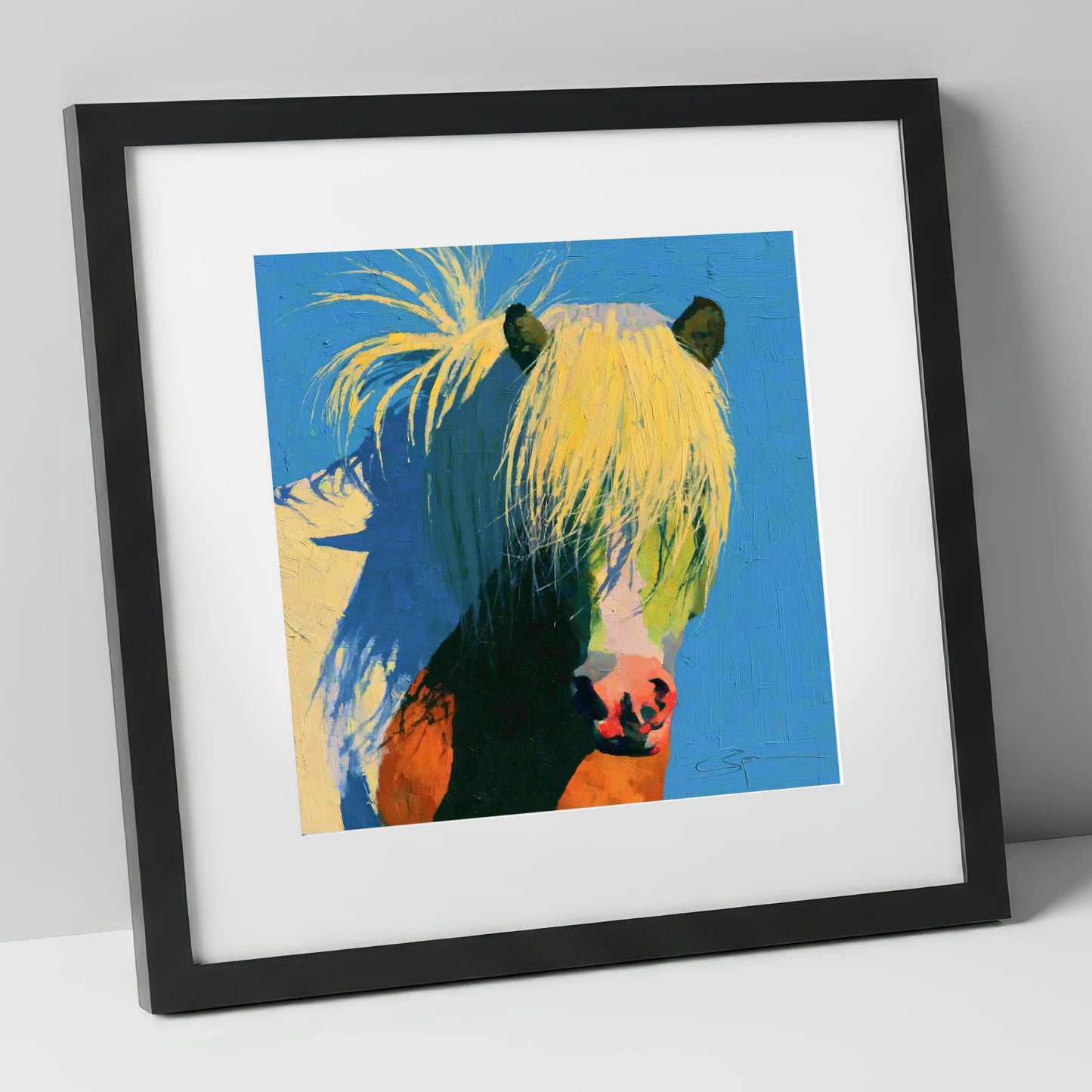 Thick Maned Pony in Blue horse breed art print in black frame