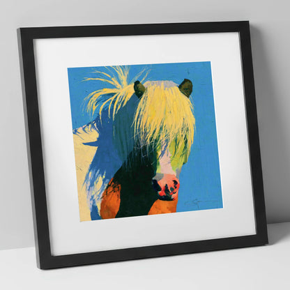 Thick Maned Pony in Blue horse breed art print in black frame