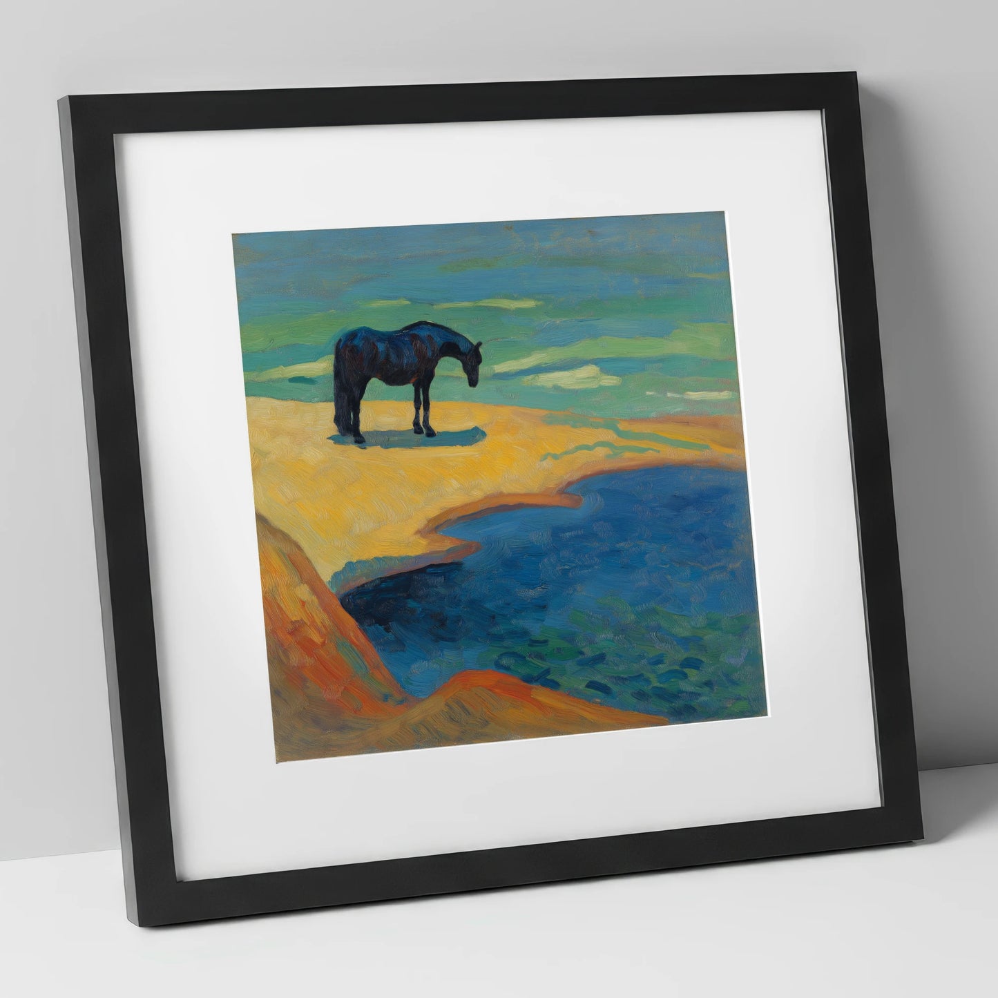 Vibrant Coastal Solitude horse landscape art print in black frame