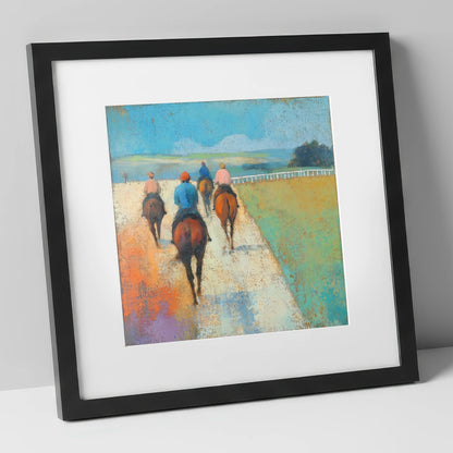 The Morning String racing horse art print in black frame