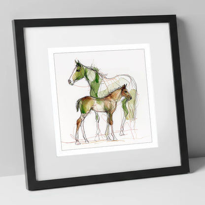 Lines of Kinship mare & foal art print in black frame