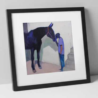 Silent Communion horse & rider art print in black frame