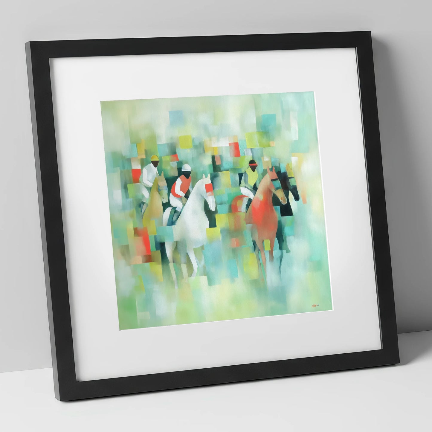 Prismatic Racing Silks racing horse art print in black frame