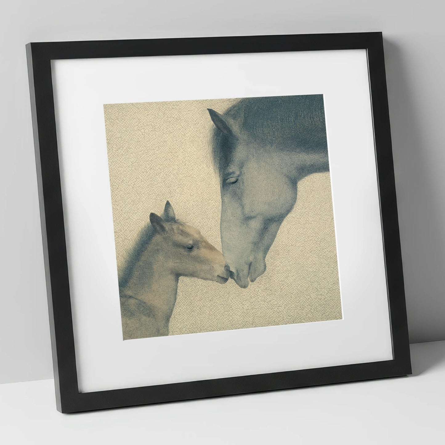 Quiet Devotion mare & foal art print in black frame
