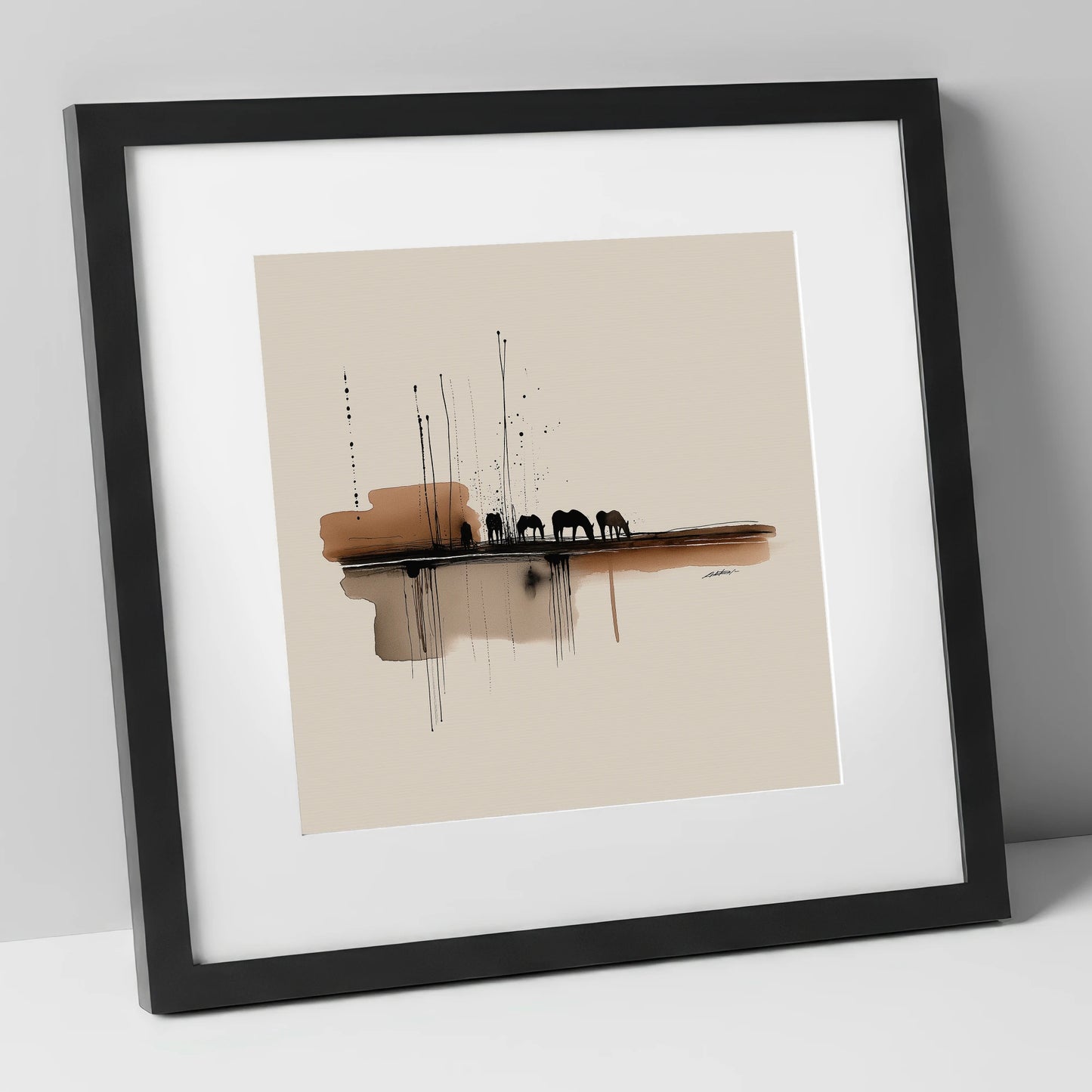 Sepia Horizon Herd horse landscape art print in black frame