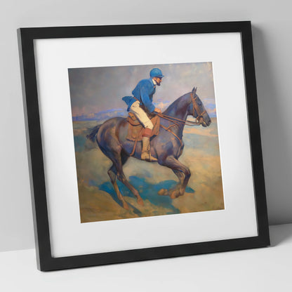 Azure Rhythm at Dawn racing horse art print in black frame