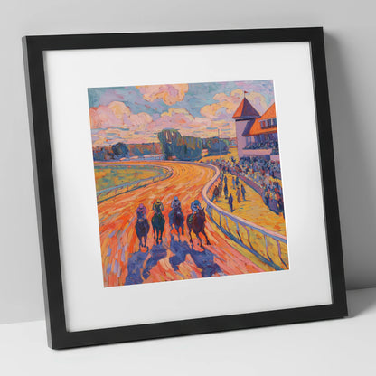 Colours of the Home Straight racing horse art print in black frame
