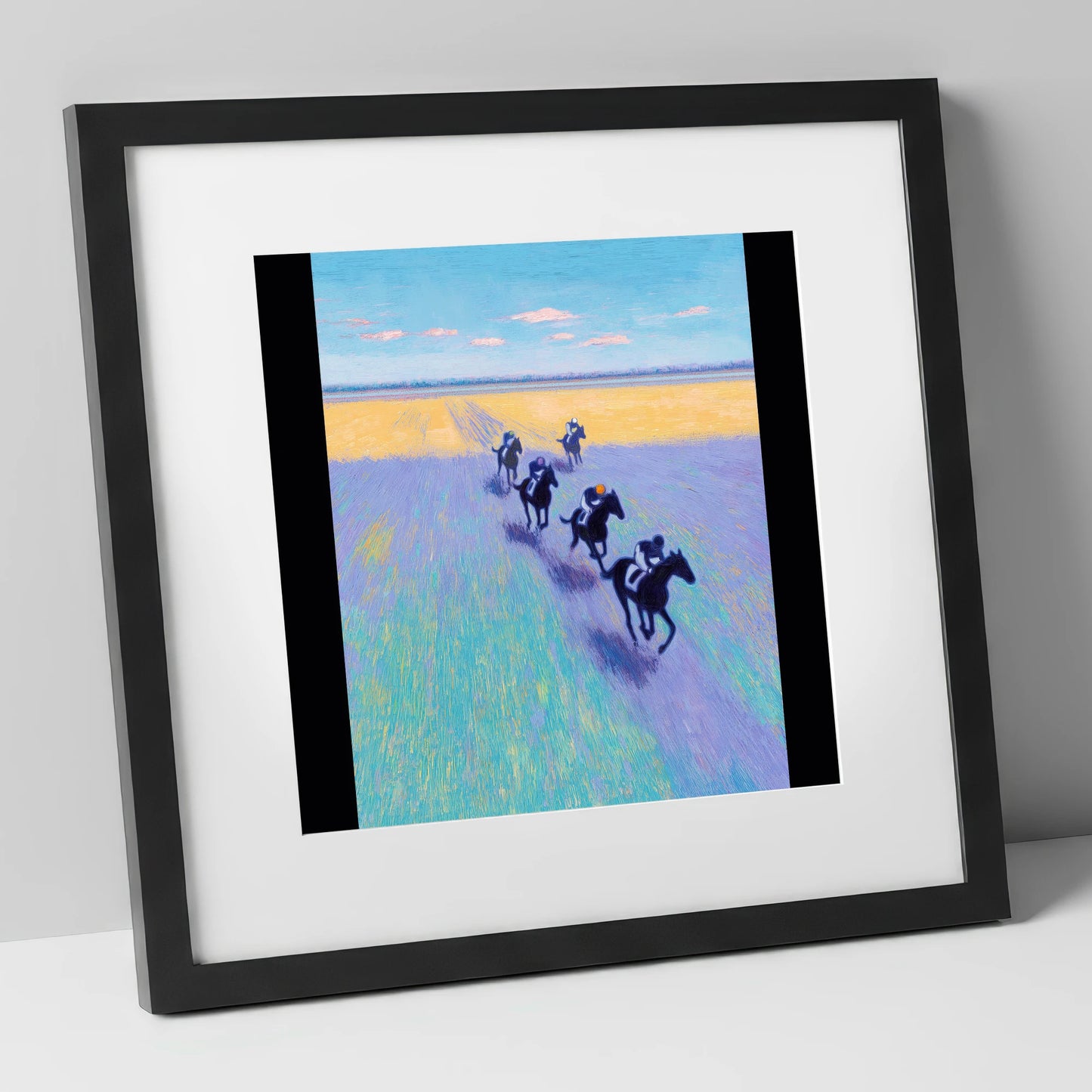 The Morning String racing horse art print in black frame