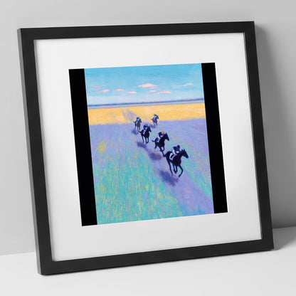 The Morning String racing horse art print in black frame