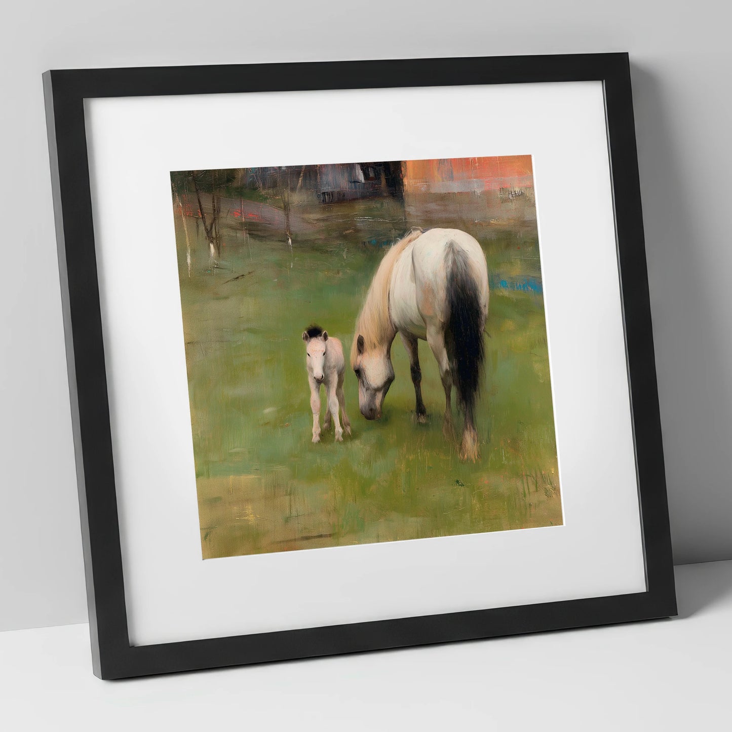 Quiet Pastoral Bond mare & foal art print in black frame