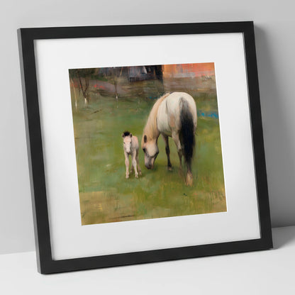 Quiet Pastoral Bond mare & foal art print in black frame