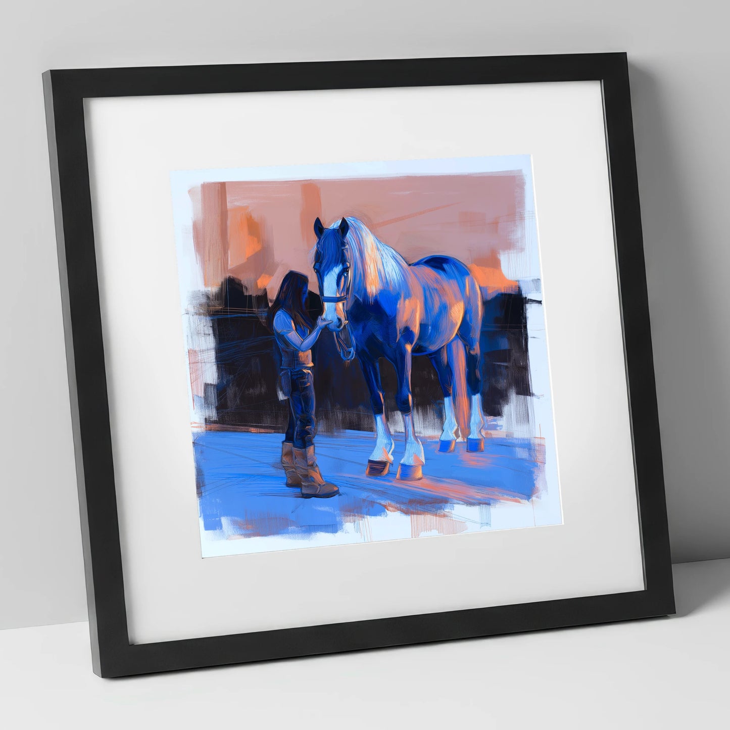The Gentle Bond horse & rider art print in black frame