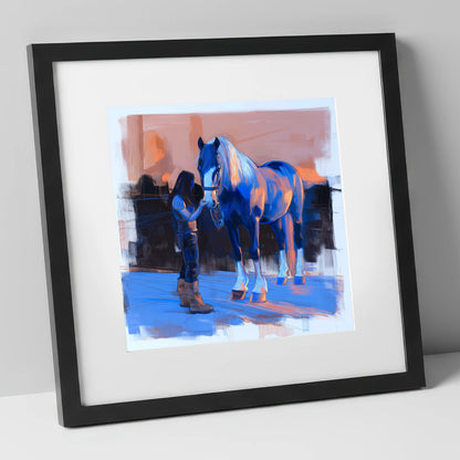 The Gentle Bond horse & rider art print in black frame