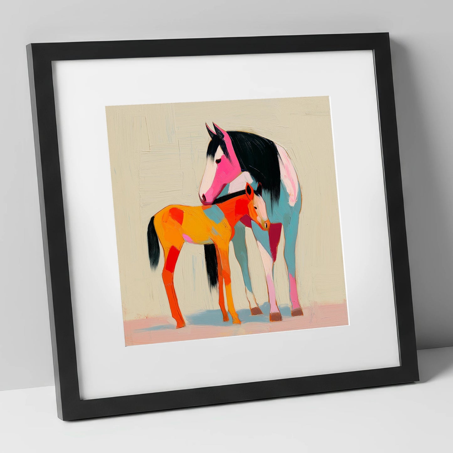 Vivid Maternal Bond mare & foal art print in black frame
