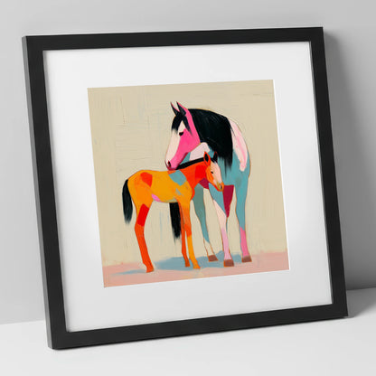 Vivid Maternal Bond mare & foal art print in black frame