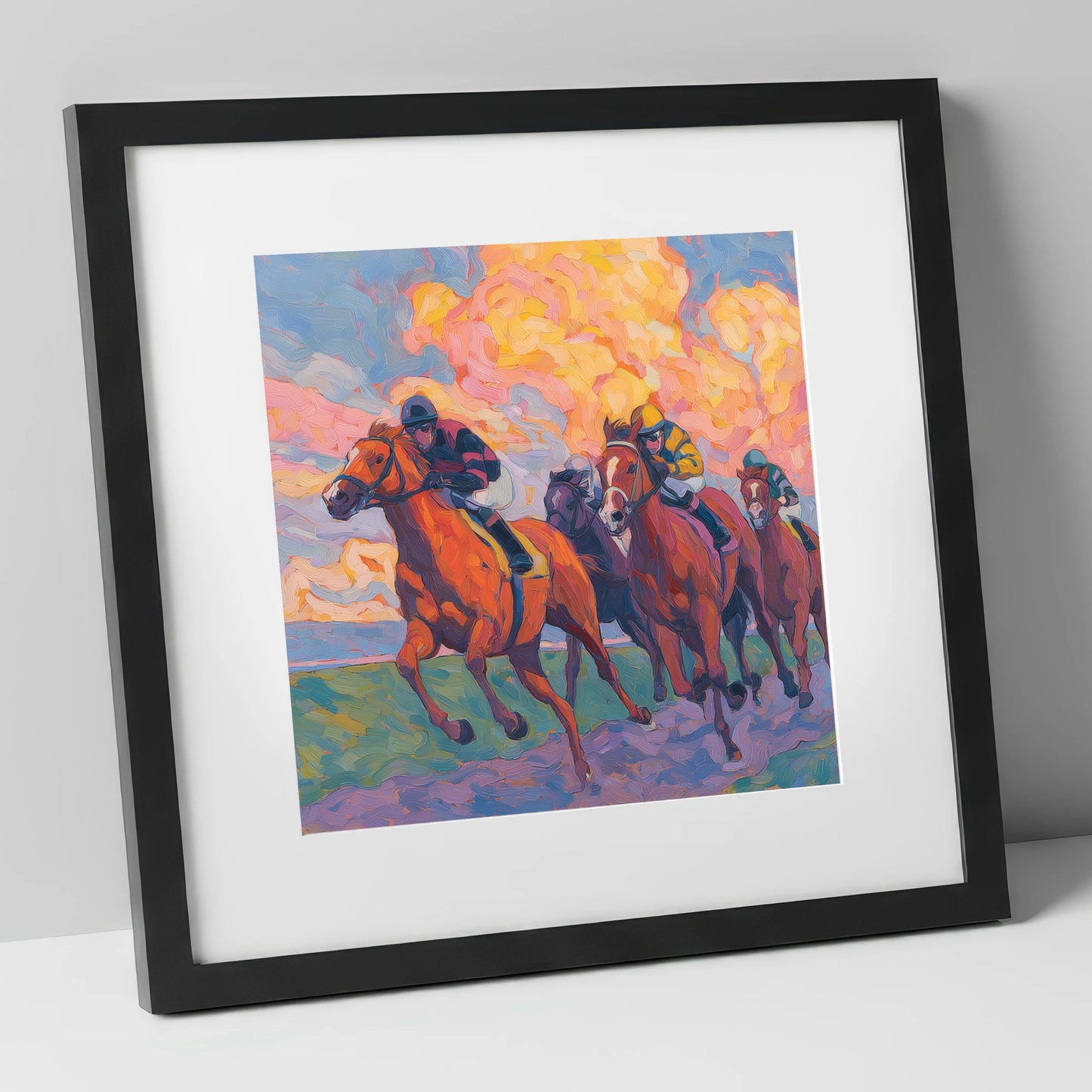 Thundering Sunset racing horse art print in black frame